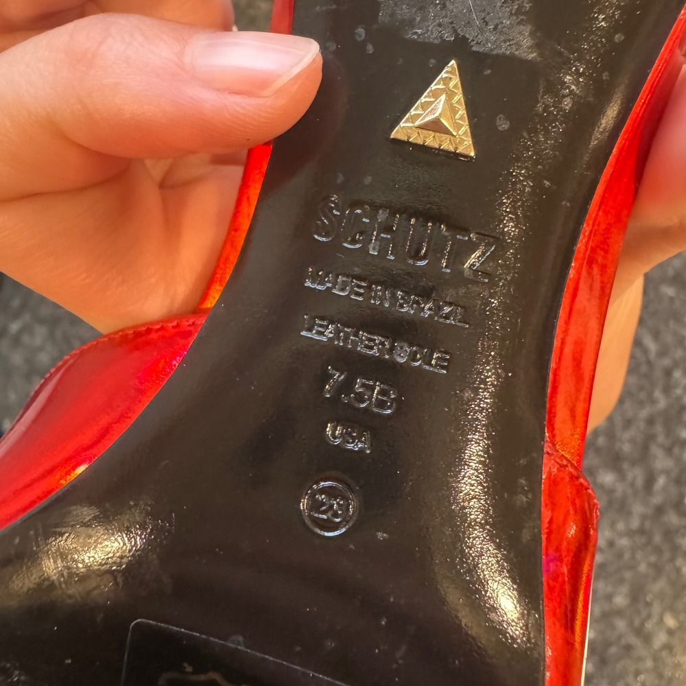 Schutz Red Metallic Leather Square Toe Mule Gold Stiletto‎ Heel Sandals 7.5B - Picture 8 of 9